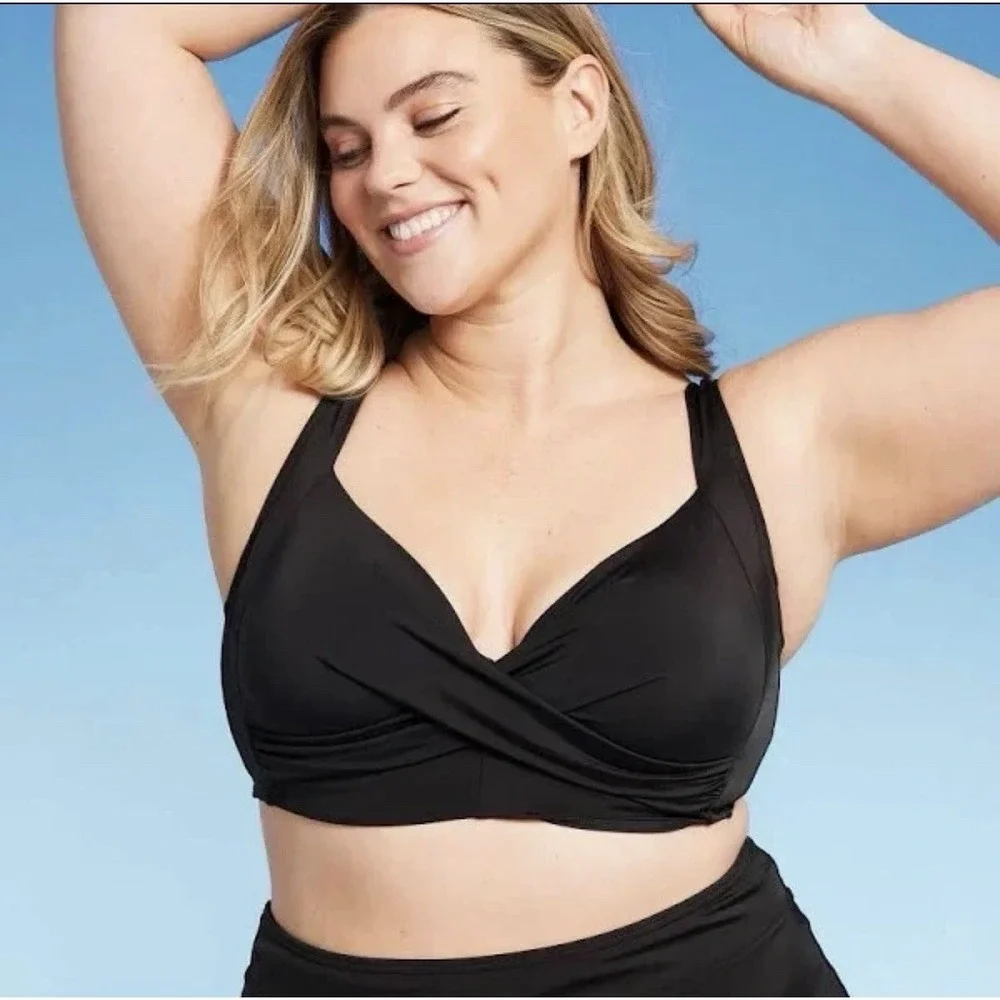 Lands' End Womens Sweetheart Twist-Front Underwire Black Bikini Top Size 18W
